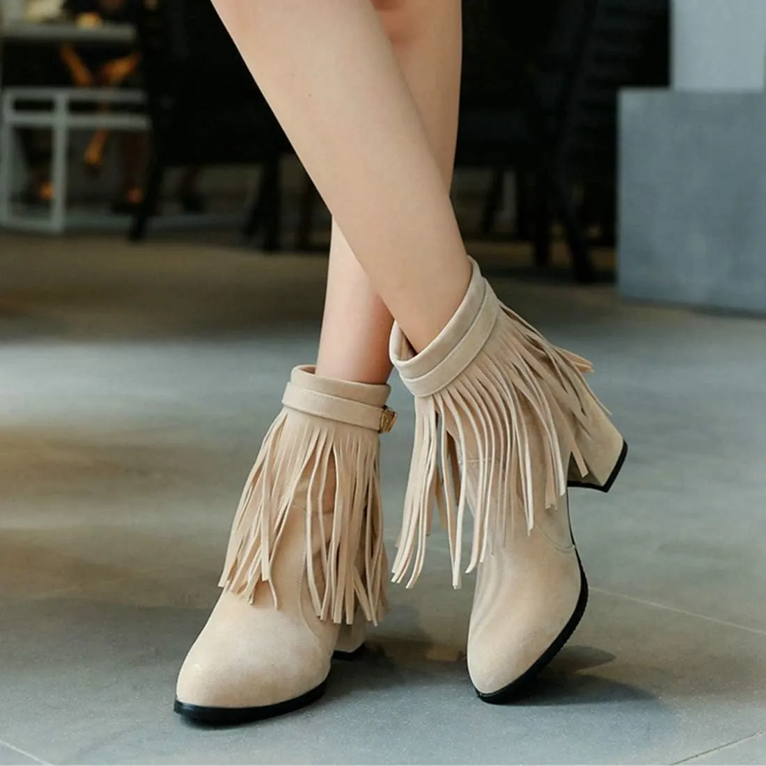 VOKLIN Women's Fringed Dress Ankle Boots Round Toe Buckle Zipper Chunky Block High Heel Tassel Short Booties