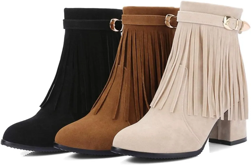 VOKLIN Women's Fringed Dress Ankle Boots Round Toe Buckle Zipper Chunky Block High Heel Tassel Short Booties