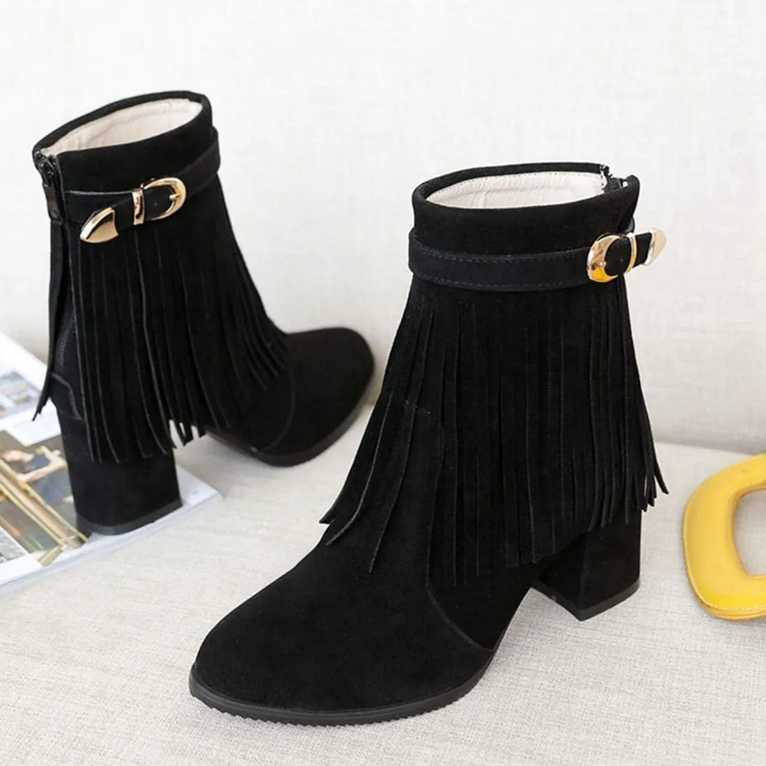 VOKLIN Women's Fringed Dress Ankle Boots Round Toe Buckle Zipper Chunky Block High Heel Tassel Short Booties