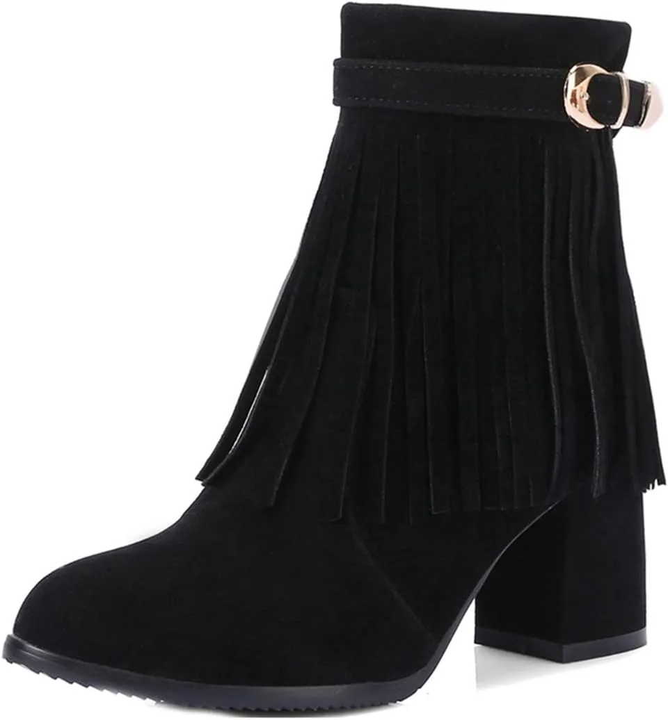 VOKLIN Women's Fringed Dress Ankle Boots Round Toe Buckle Zipper Chunky Block High Heel Tassel Short Booties