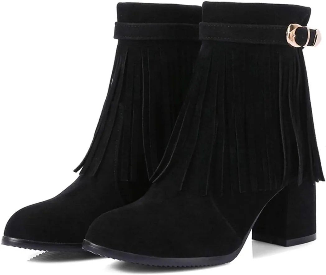 VOKLIN Women's Fringed Dress Ankle Boots Round Toe Buckle Zipper Chunky Block High Heel Tassel Short Booties
