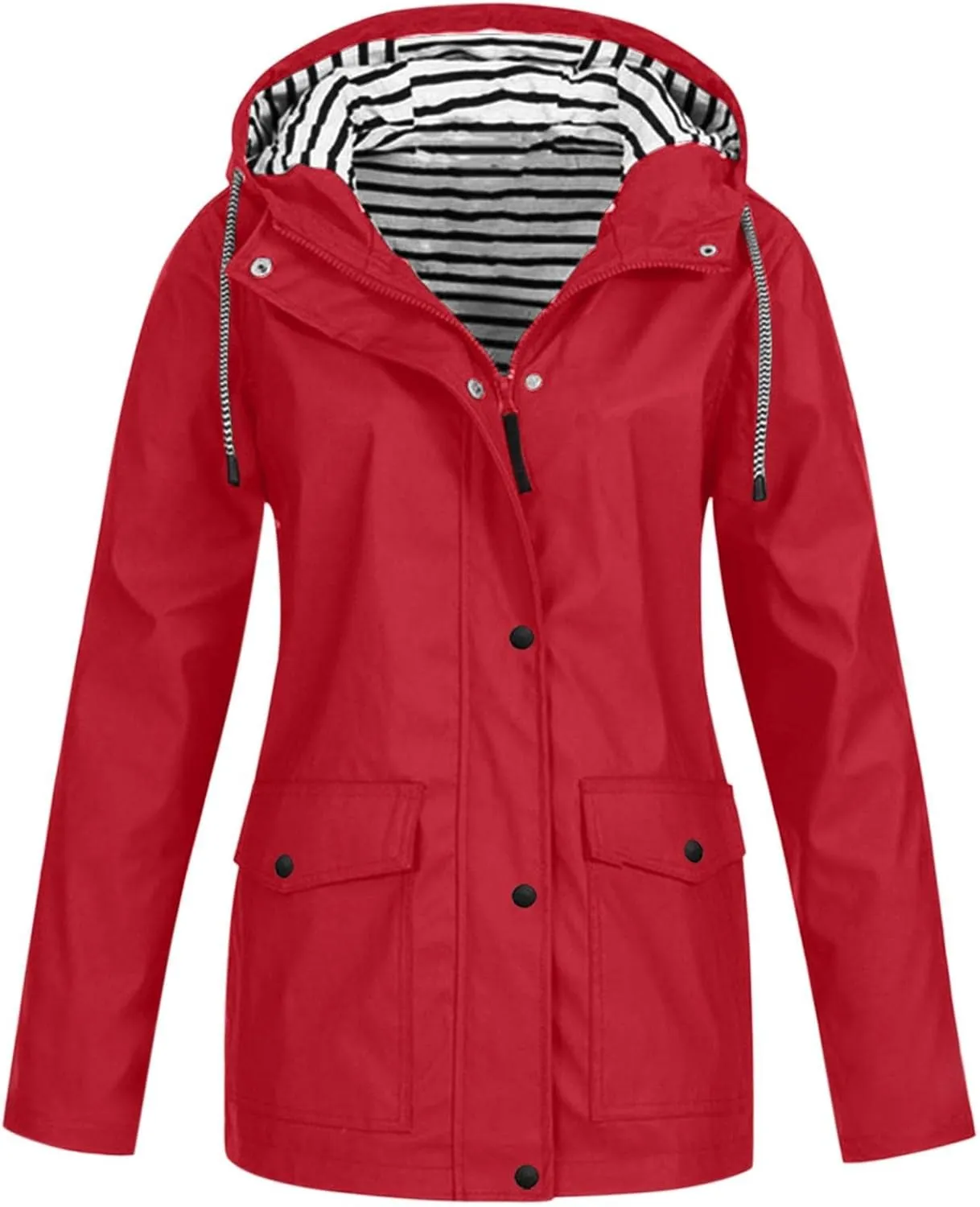 Windproof Jacket for Women Long Sleeve Raincoat Full Zip Up Button Hooded Plain Windbreaker with Pocket Winter Zipper Autumn