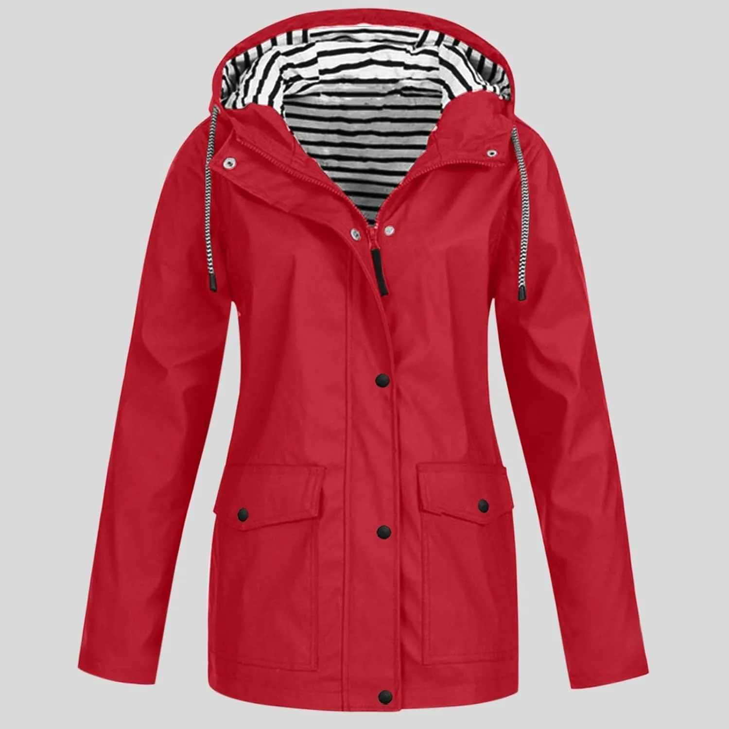 Windproof Jacket for Women Long Sleeve Raincoat Full Zip Up Button Hooded Plain Windbreaker with Pocket Winter Zipper Autumn