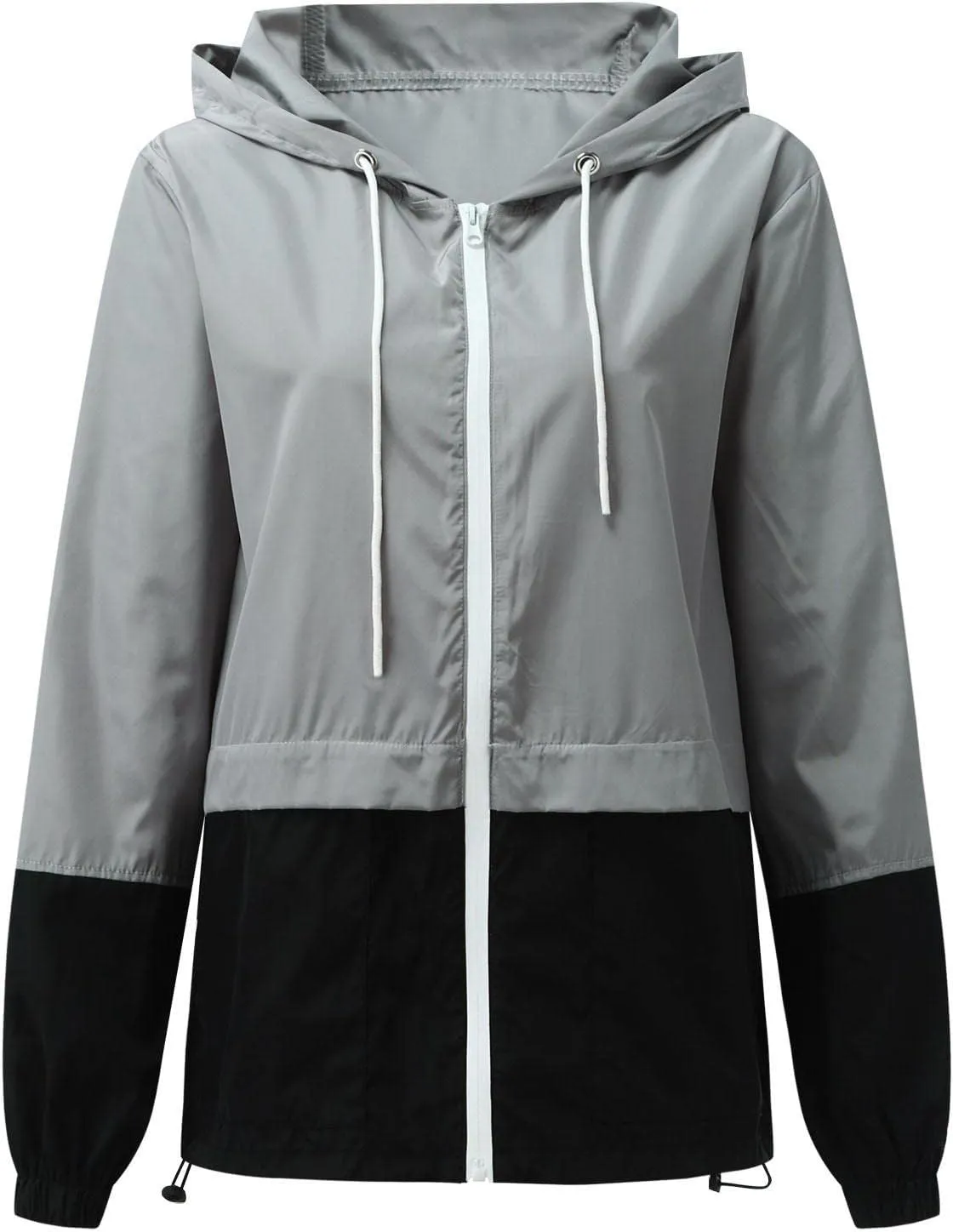Windproof Jacket for Women Long Sleeve Raincoat Full Zip Up Hooded Plain Windbreaker with Pocket with Hood Zipper Drawstring