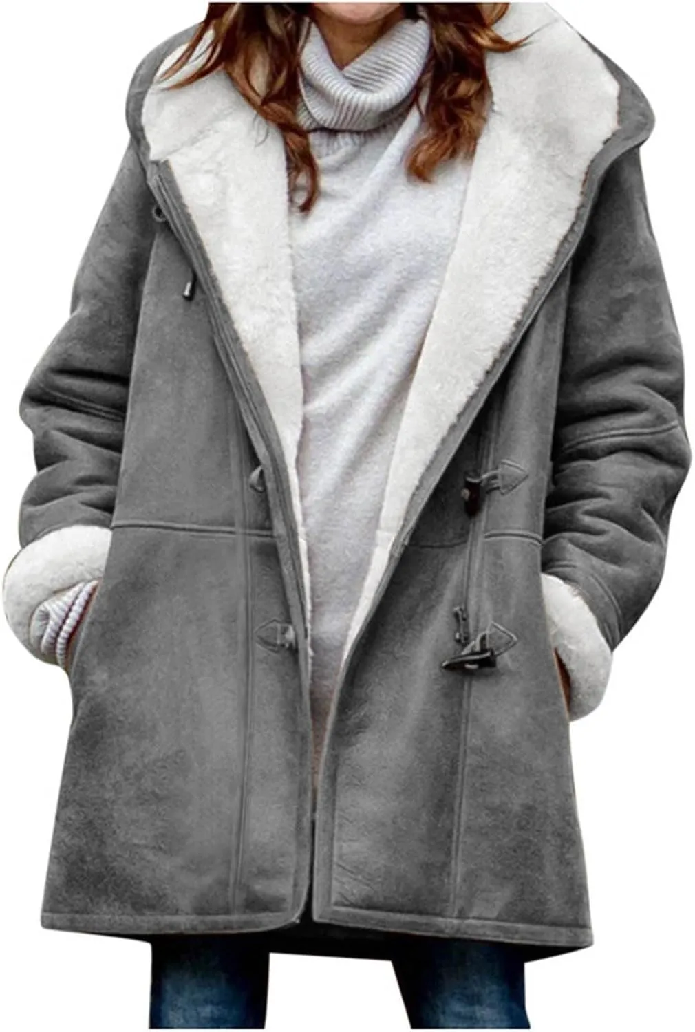 Winter Jackets for Women Sherpa Lined Suede Coat Thick Hooded Jacket Plus Size Parka Coat Warm Outerwear with Pockets