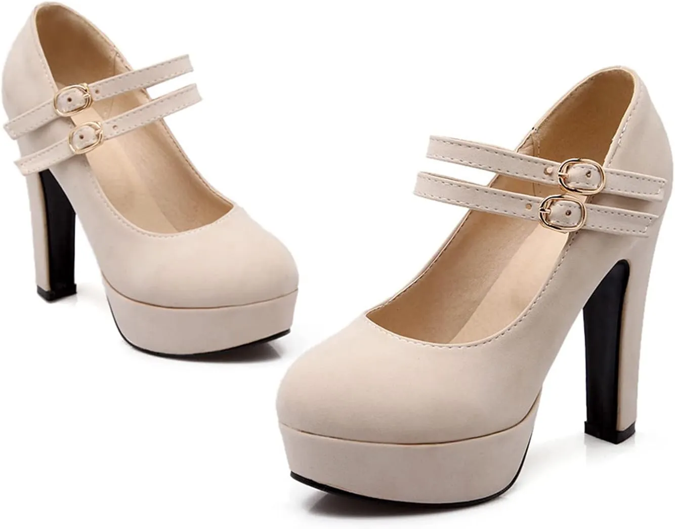 WOilERQ Women's Suede Mary Jane Double Ankle Strap Platform Round Toe Chunky Block High Heel Pumps Dress Party Shoes,Beige,36