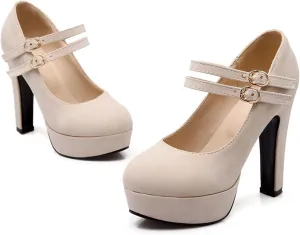 WOilERQ Women's Suede Mary Jane Double Ankle Strap Platform Round Toe Chunky Block High Heel Pumps Dress Party Shoes,Beige,36