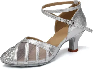 Women Ballroom Dance Shoes Sequins Mesh Latin Salsa Performance Party Wedding Glitter Dancing Shoes, Model FT-105-5.5-M