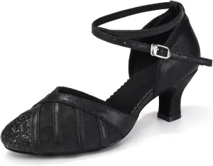 Women Ballroom Dance Shoes Sequins Mesh Latin Salsa Performance Party Wedding Glitter Dancing Shoes, Model FT-105-5.5-M