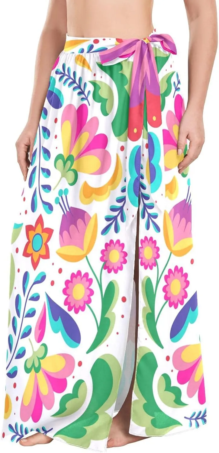 Women Beach Cover Up Mexican Flower Traditional Bikini Wrap Skirt Sarong Swimsuit M