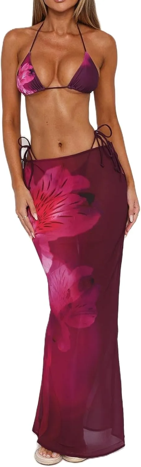 Women Floral Sheer Mesh Midi Skirt See Through High Waist Bodycon Long Skirt Boho Cover Up Summer Beach Skirts