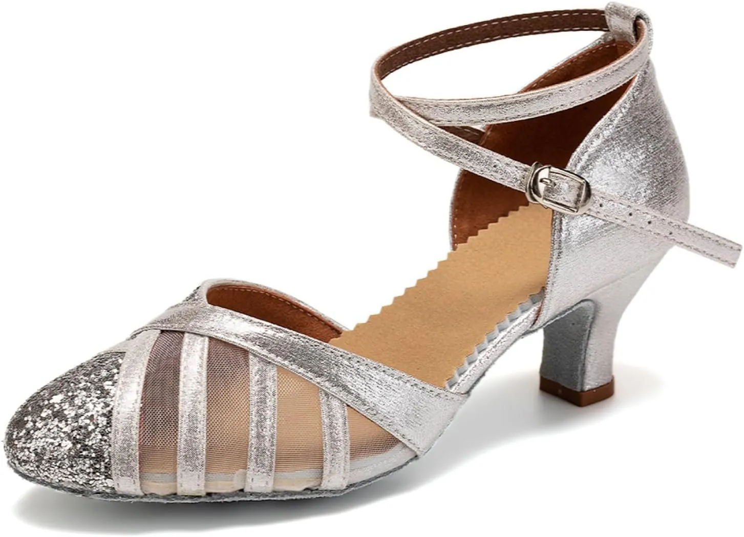 Women Latin Ballroom Dance Shoes Sparkling Sequins Salsa Performance Practice Dance Shoes, FT-105-Silver-Suede Sole-5.5cm Heel, US 8.5