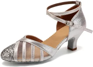 Women Latin Ballroom Dance Shoes Sparkling Sequins Salsa Performance Practice Dance Shoes, FT-105-Silver-Suede Sole-5.5cm Heel, US 8.5