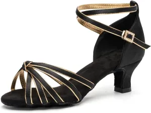 Women Latin Dance Shoes Satin Ballroom Salsa Professional Practice Dancing Shoes, Model EM-217GB-5
