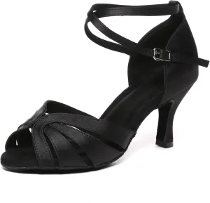 Women Latin Salsa Dance Shoes Open Toe Satin Professional Ballroom Practice Dancing Shoes Model D48
