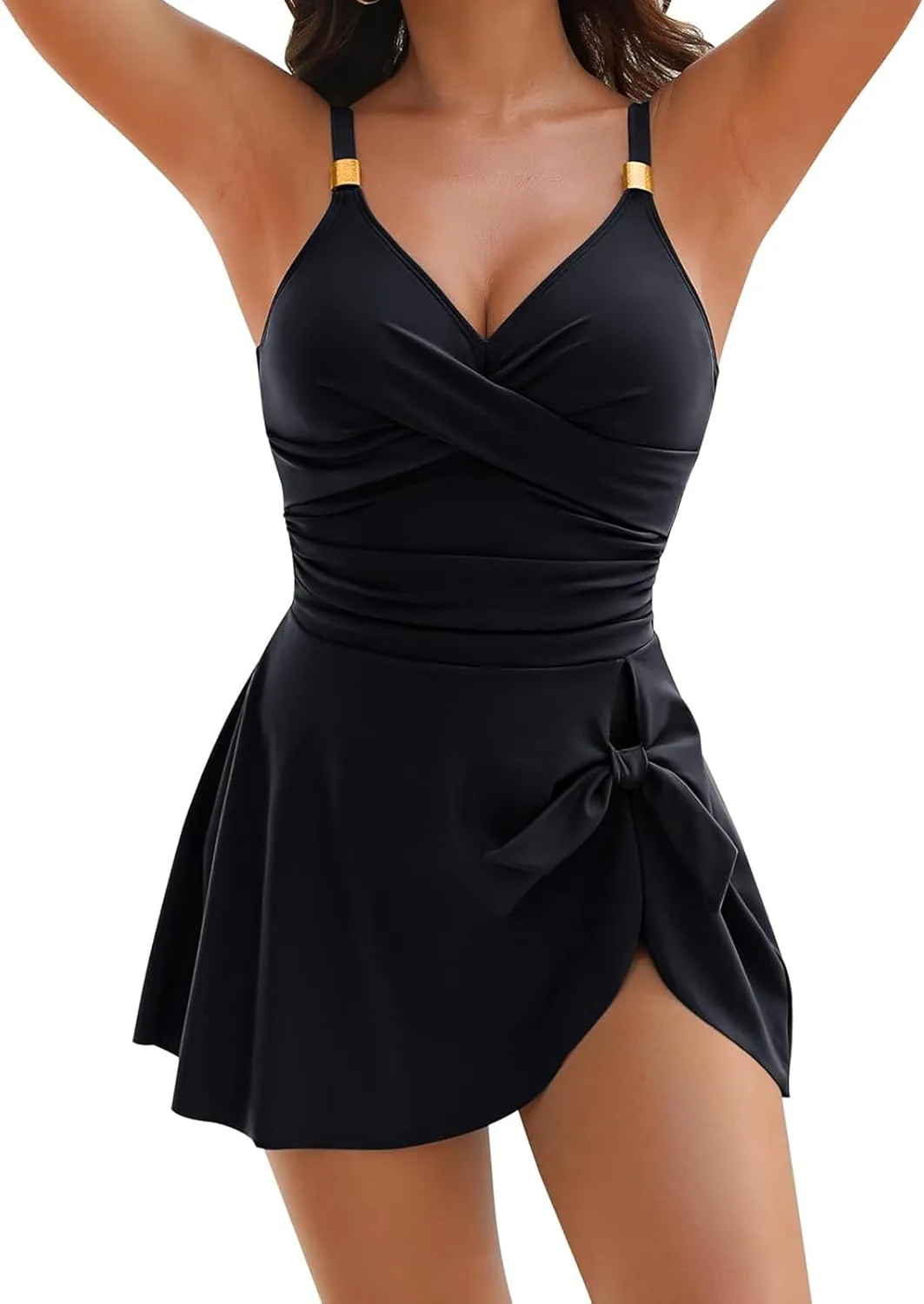 Women One Piece Swimsuit Tummy Control Dress Swimsuit Ruched Slimming Mesh Sheer Sarong Wraps Bathing Suit