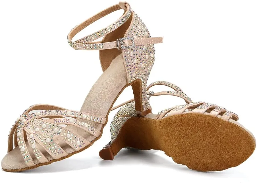 Women Rhinestones Ballroom Dance Shoes Latin Salsa Bachata Practice Performance Dancer Dancing Shoes, Model QRX-L506-7.5