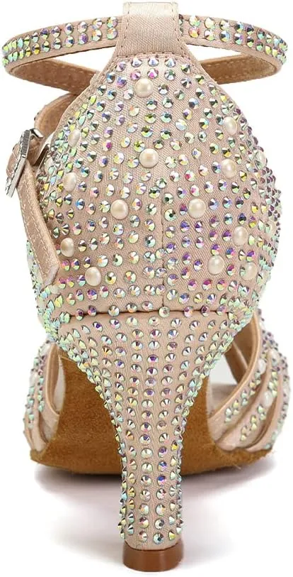 Women Rhinestones Ballroom Dance Shoes Latin Salsa Bachata Practice Performance Dancer Dancing Shoes, Model QRX-L506-7.5