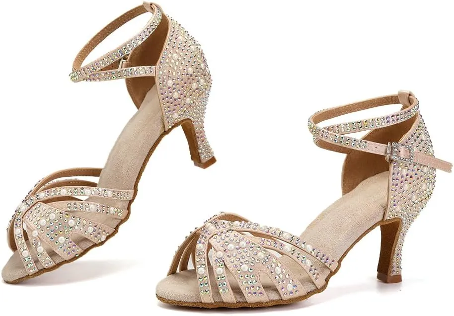Women Rhinestones Ballroom Dance Shoes Latin Salsa Bachata Practice Performance Dancer Dancing Shoes, Model QRX-L506-7.5