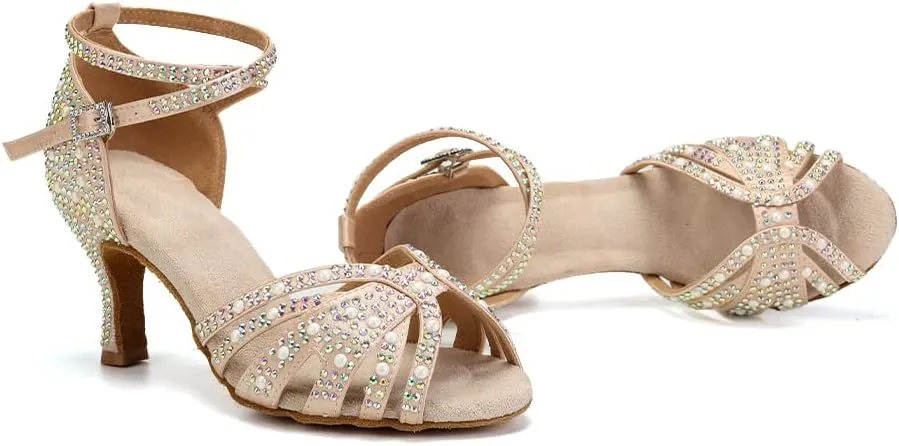 Women Rhinestones Ballroom Dance Shoes Latin Salsa Bachata Practice Performance Dancer Dancing Shoes, Model QRX-L506-7.5