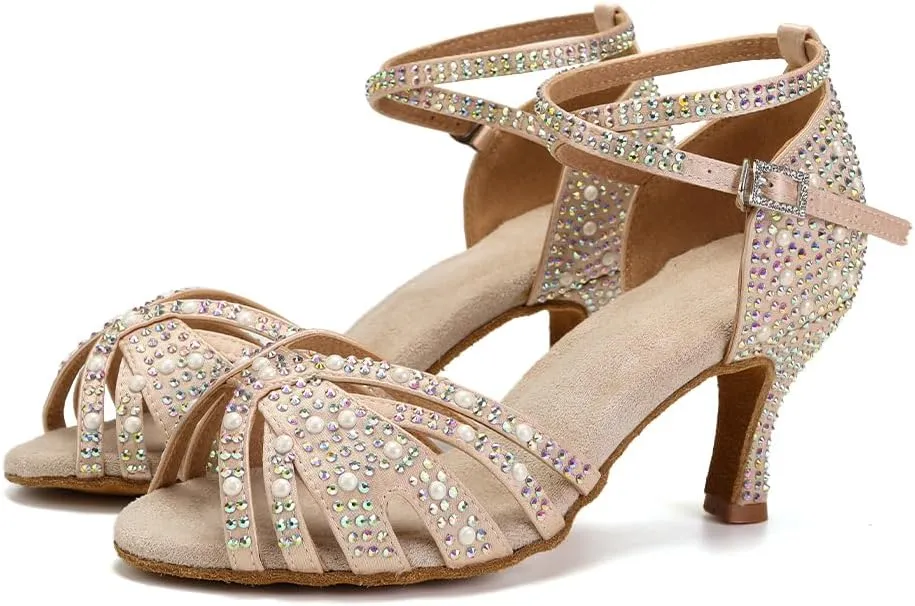Women Rhinestones Ballroom Dance Shoes Latin Salsa Bachata Practice Performance Dancer Dancing Shoes, Model QRX-L506-7.5