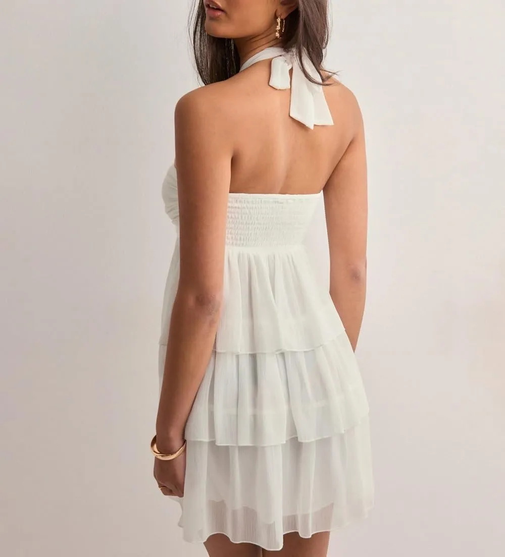 Women Ruffle Halter Neck Mini Dress Sheer Mesh Layered Open Back Dress Y2K Tiered Tie Back Going Out Dresses