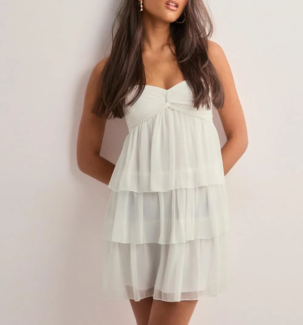 Women Ruffle Halter Neck Mini Dress Sheer Mesh Layered Open Back Dress Y2K Tiered Tie Back Going Out Dresses