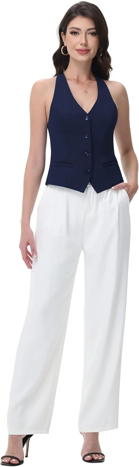 Women Suit Vest V Neck Button Down Vest Top Tuxedo Waistcoat Sleeveless Racerback Fashion Vests Blazer