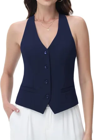 Women Suit Vest V Neck Button Down Vest Top Tuxedo Waistcoat Sleeveless Racerback Fashion Vests Blazer