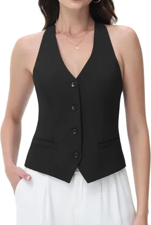 Women Suit Vest V Neck Button Down Vest Top Tuxedo Waistcoat Sleeveless Racerback Fashion Vests Blazer