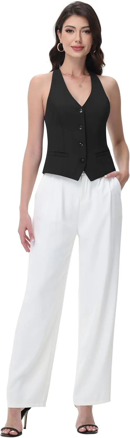 Women Suit Vest V Neck Button Down Vest Top Tuxedo Waistcoat Sleeveless Racerback Fashion Vests Blazer