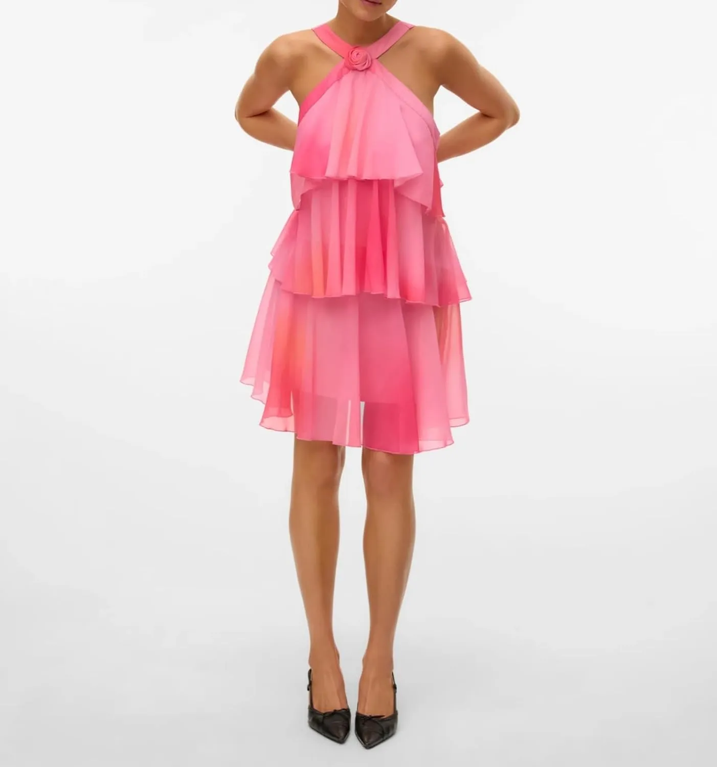 Women Y2K Ruffle Tiered Mini Dress Halter Layered Chiffon Short Dress Cute Smocked A Line Midi Dresses Beach