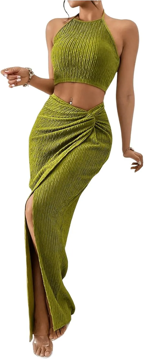 Women's 2 Pieces Outfit Textured Halter Crop Top and Twist Front Split Thigh Maxi Skirt Set