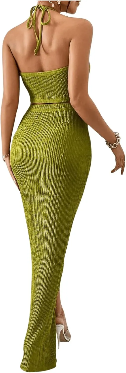 Women's 2 Pieces Outfit Textured Halter Crop Top and Twist Front Split Thigh Maxi Skirt Set