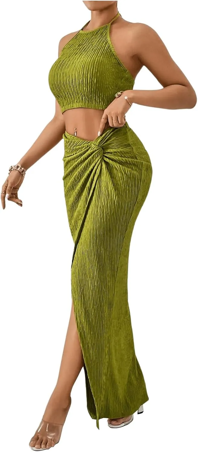 Women's 2 Pieces Outfit Textured Halter Crop Top and Twist Front Split Thigh Maxi Skirt Set