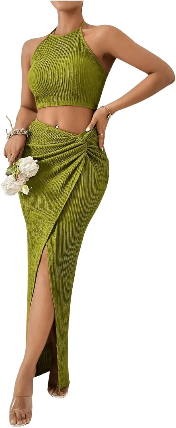 Women's 2 Pieces Outfit Textured Halter Crop Top and Twist Front Split Thigh Maxi Skirt Set