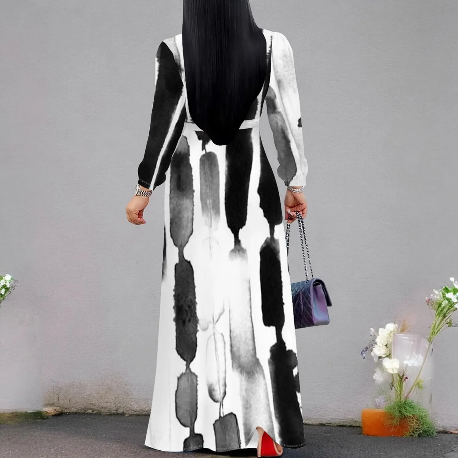 Women's 2024 Fall Boho Maxi Dress Casual Long Sleeve V Neck Printed Beach Relaxed Fit Floral Flowy Tiered Cocktail Dresses