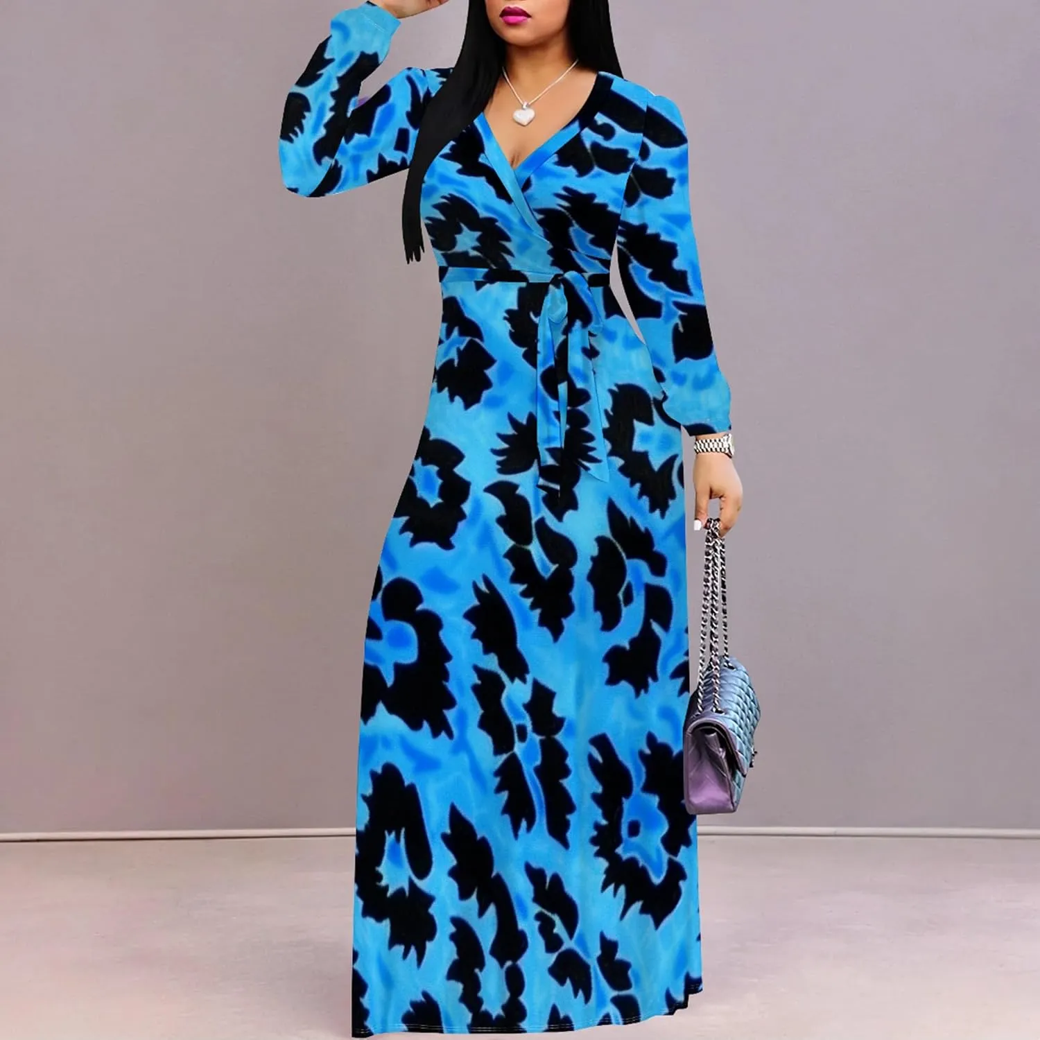 Women's 2024 Fall Boho Maxi Dress Casual Long Sleeve V Neck Printed Beach Relaxed Fit Floral Flowy Tiered Cocktail Dresses