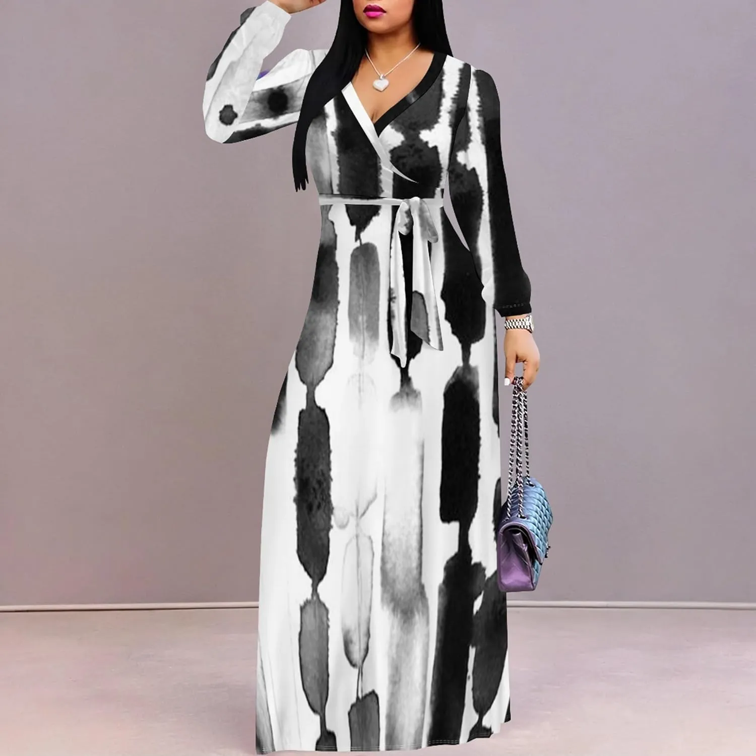Women's 2024 Fall Boho Maxi Dress Casual Long Sleeve V Neck Printed Beach Relaxed Fit Floral Flowy Tiered Cocktail Dresses