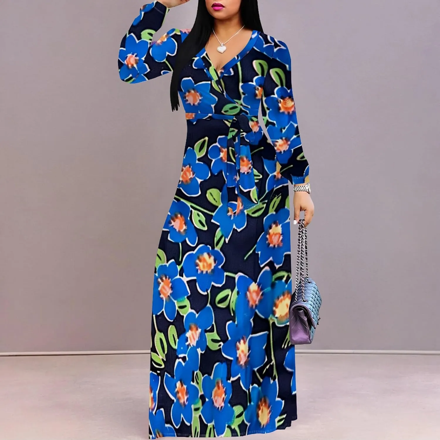 Women's 2024 Fall Boho Maxi Dress Casual Long Sleeve V Neck Printed Beach Relaxed Fit Floral Flowy Tiered Cocktail Dresses