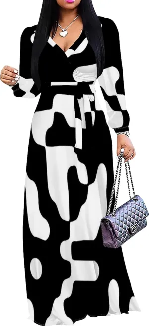 Women's 2024 Fall Boho Maxi Dress Casual Long Sleeve V Neck Printed Beach Relaxed Fit Floral Flowy Tiered Cocktail Dresses