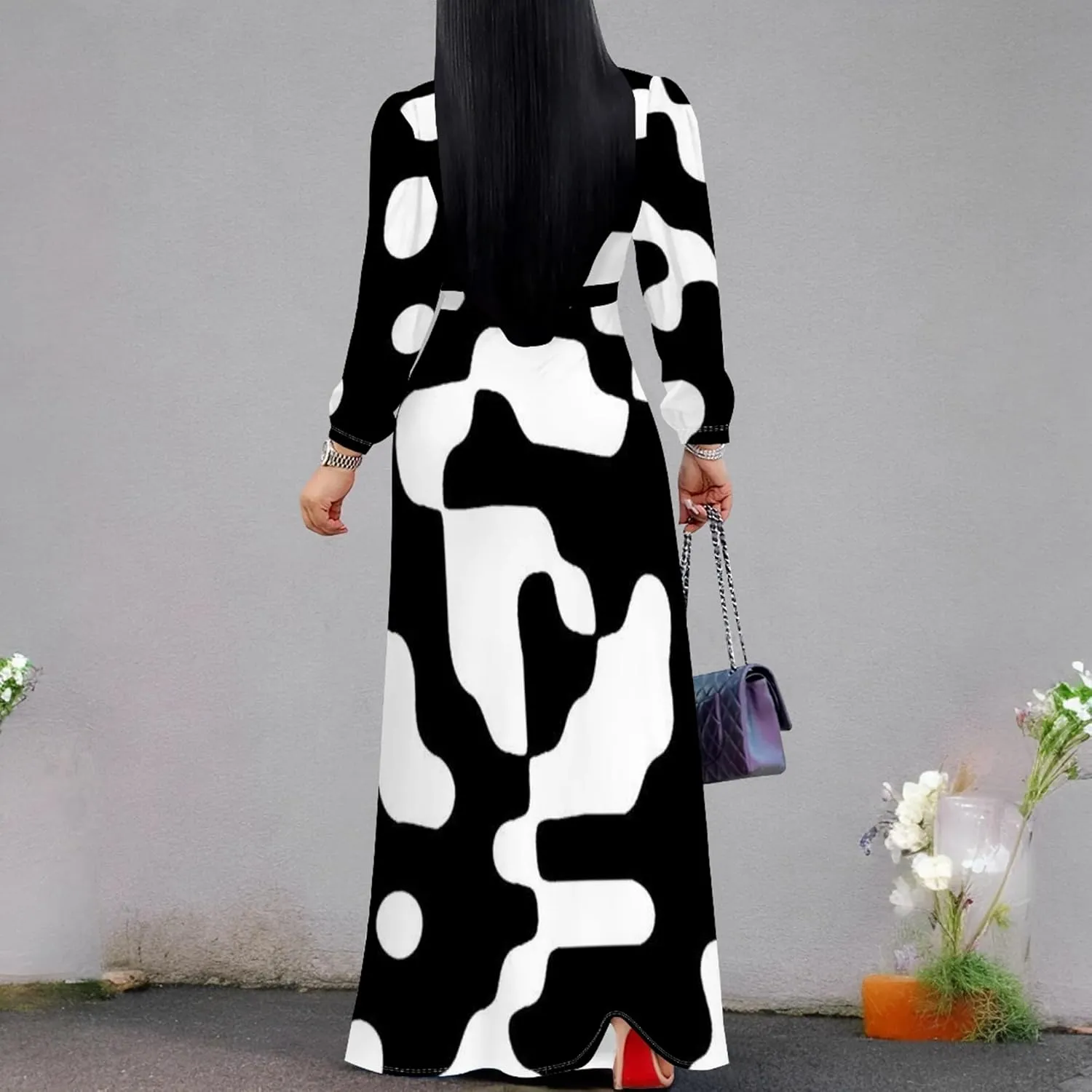 Women's 2024 Fall Boho Maxi Dress Casual Long Sleeve V Neck Printed Beach Relaxed Fit Floral Flowy Tiered Cocktail Dresses