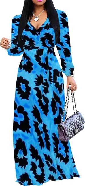 Women's 2024 Fall Boho Maxi Dress Casual Long Sleeve V Neck Printed Beach Relaxed Fit Floral Flowy Tiered Cocktail Dresses