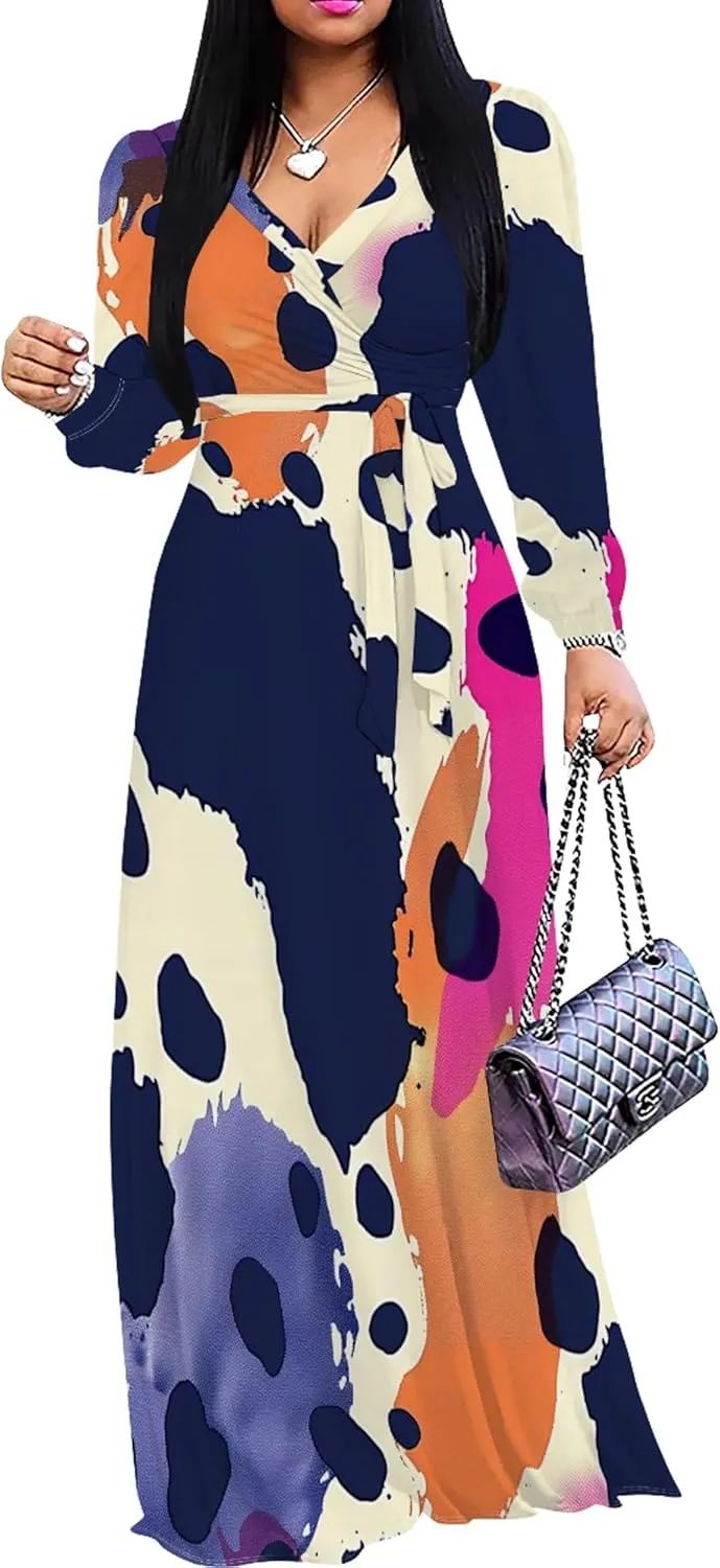 Women's 2024 Fall Boho Maxi Dress Casual Long Sleeve V Neck Printed Beach Relaxed Fit Floral Flowy Tiered Cocktail Dresses