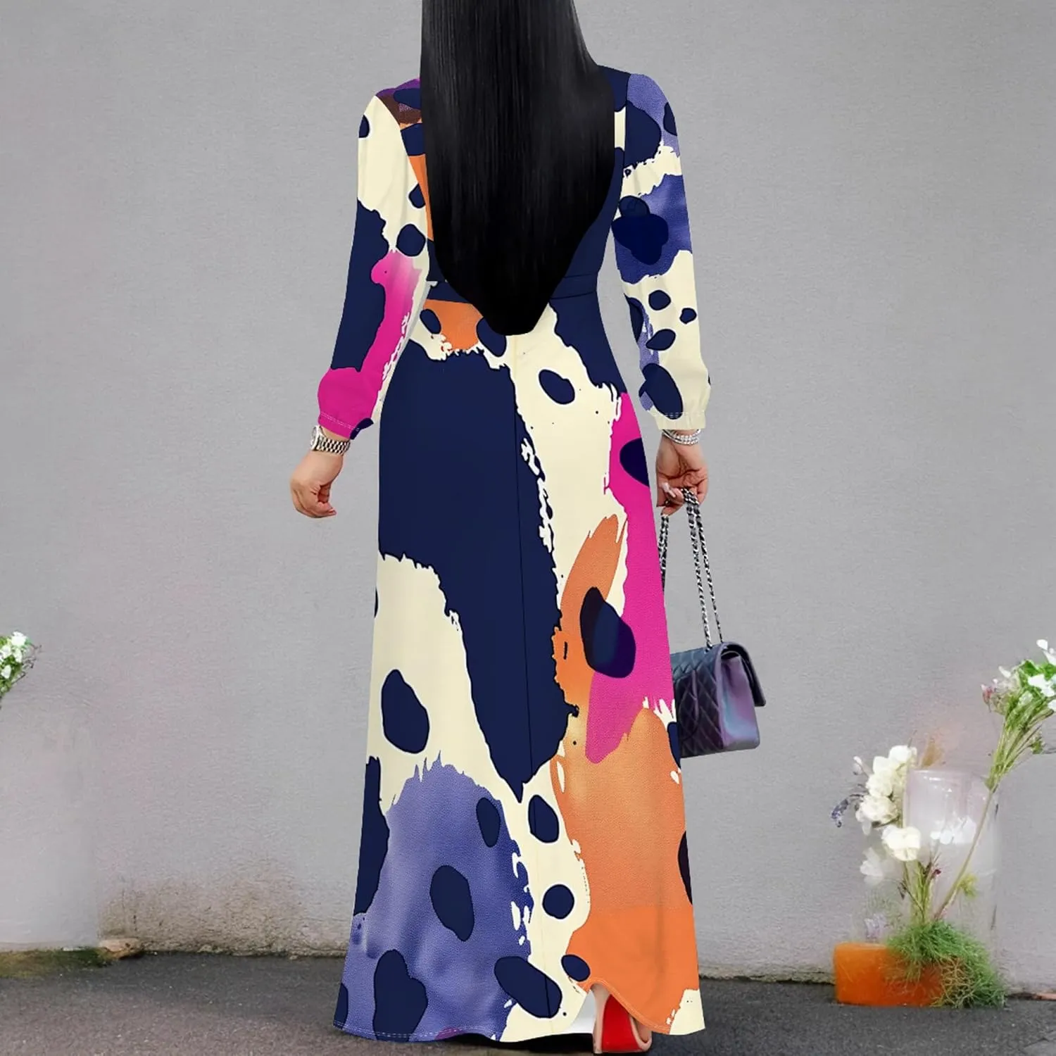 Women's 2024 Fall Boho Maxi Dress Casual Long Sleeve V Neck Printed Beach Relaxed Fit Floral Flowy Tiered Cocktail Dresses