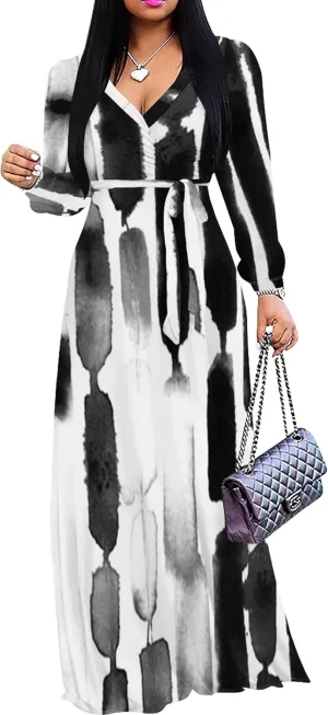 Women's 2024 Fall Boho Maxi Dress Casual Long Sleeve V Neck Printed Beach Relaxed Fit Floral Flowy Tiered Cocktail Dresses