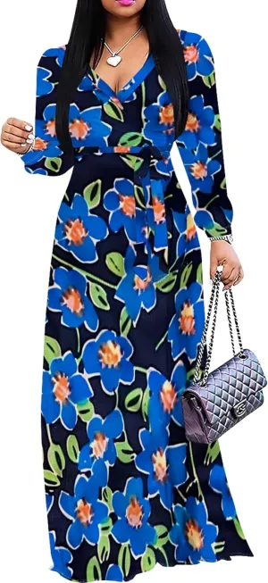 Women's 2024 Fall Boho Maxi Dress Casual Long Sleeve V Neck Printed Beach Relaxed Fit Floral Flowy Tiered Cocktail Dresses