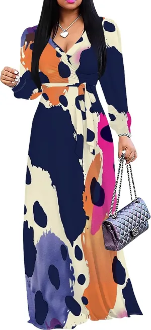 Women's 2024 Fall Boho Maxi Dress Casual Long Sleeve V Neck Printed Beach Relaxed Fit Floral Flowy Tiered Cocktail Dresses