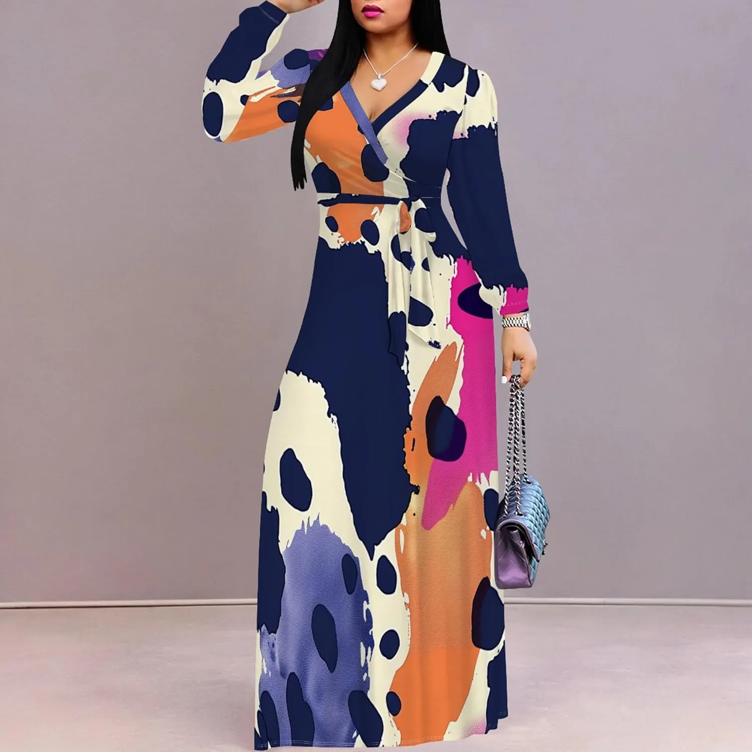 Women's 2024 Fall Boho Maxi Dress Casual Long Sleeve V Neck Printed Beach Relaxed Fit Floral Flowy Tiered Cocktail Dresses