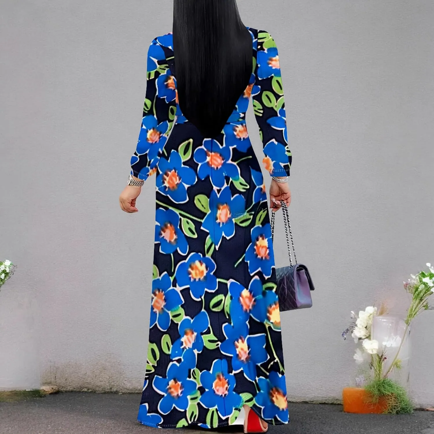Women's 2024 Fall Boho Maxi Dress Casual Long Sleeve V Neck Printed Beach Relaxed Fit Floral Flowy Tiered Cocktail Dresses